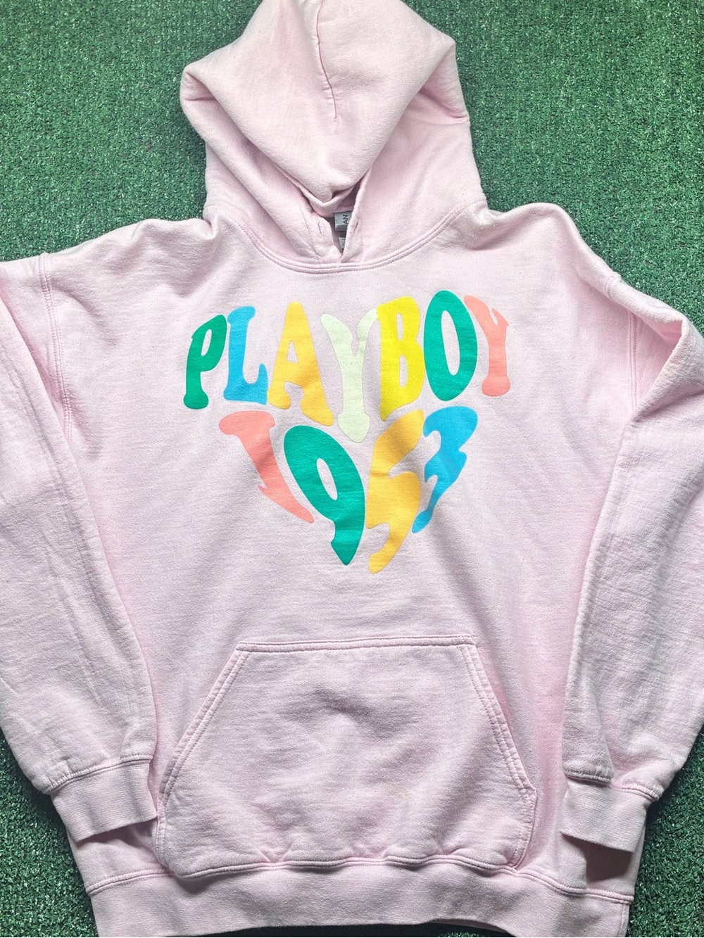 Gildan Pink Hoodie with Multicolor 'PLAYBOY 93' Heart Graphic